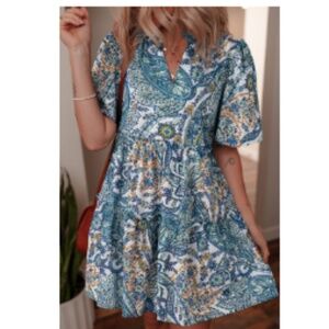 Blue Bohemian Paisley Floral V Neck Short Sleeve Mini Dress